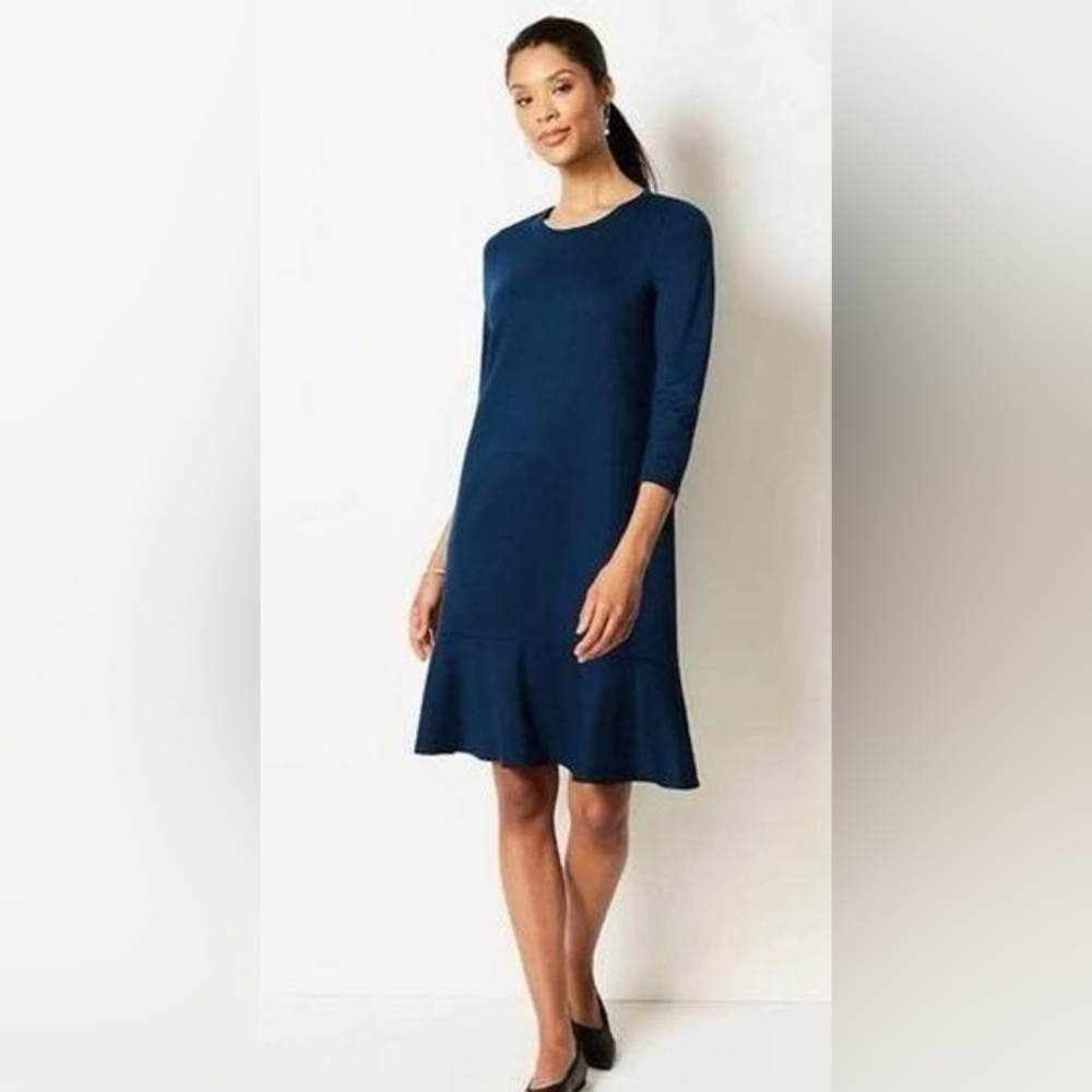 J.Jill Ponte Dark Green ¾ Sleeve Midi Ruffle Dress Size Small